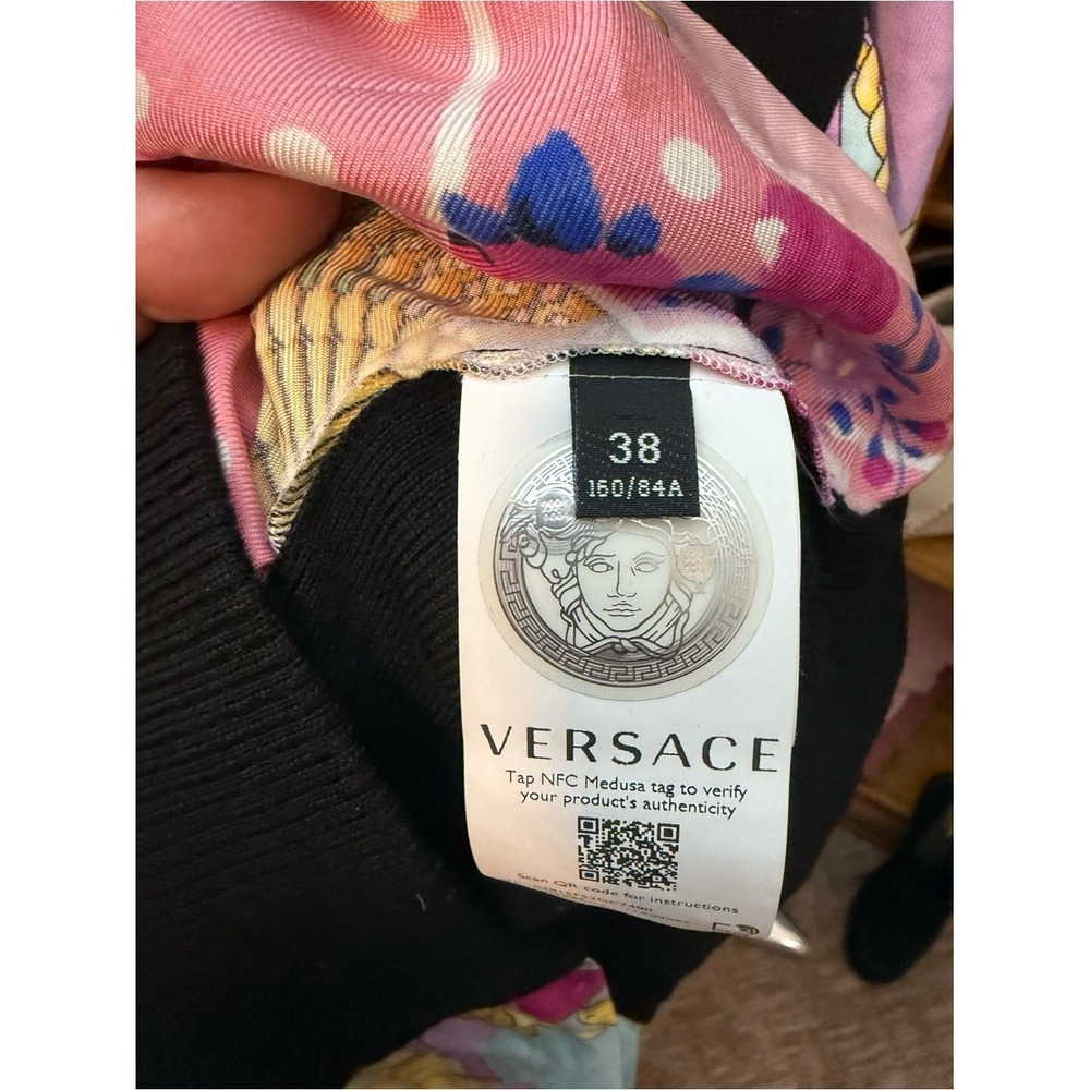 Versace Silk Scarf Paneled Hoodie Womens 38 Black Baroque Knit Pullover - Picture 5 of 14